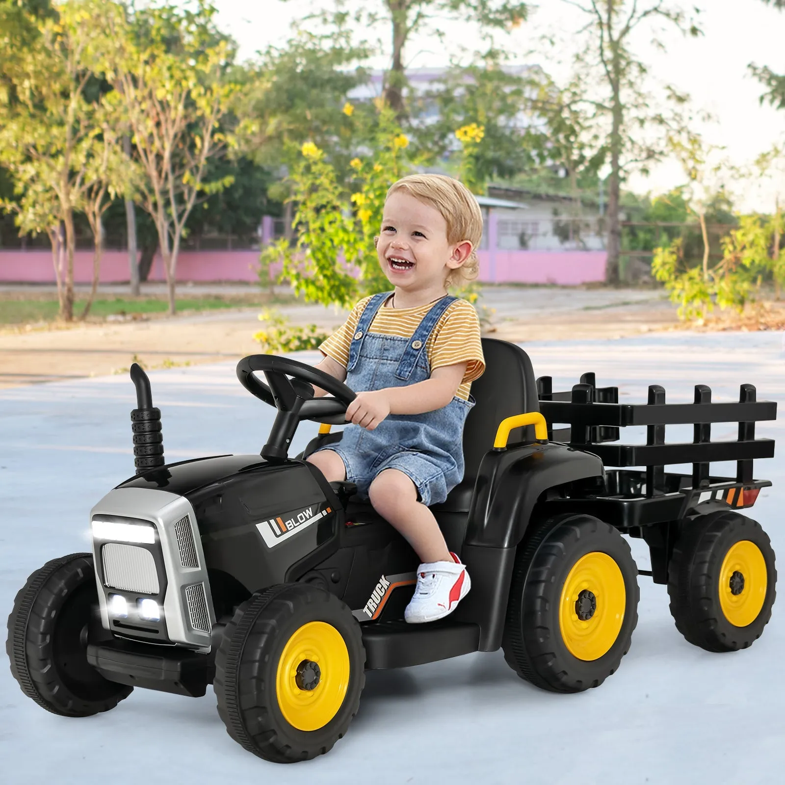 12V Kids Ride On Tractor with Trailer Music and LED Lights-Black