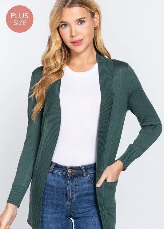 Active Basic Long Sleeve Rib Banded Open Sweater Cardigan