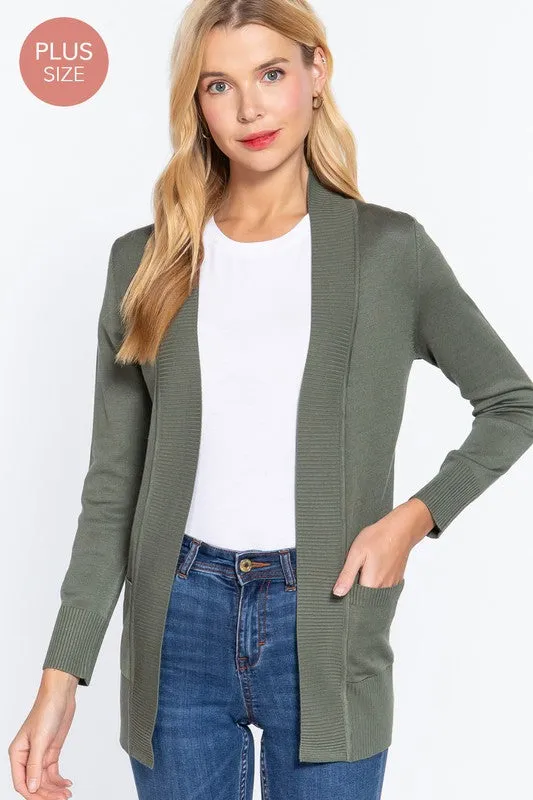 Active Basic Long Sleeve Rib Banded Open Sweater Cardigan