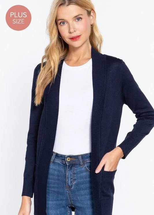 Active Basic Long Sleeve Rib Banded Open Sweater Cardigan