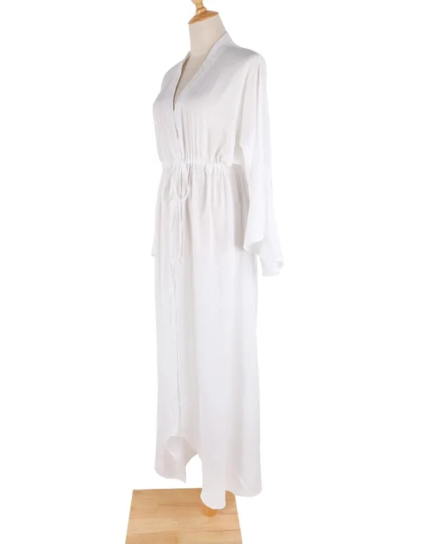 Bell Sleeves Plunge Slit Maxi Beach Cover Up Dress White