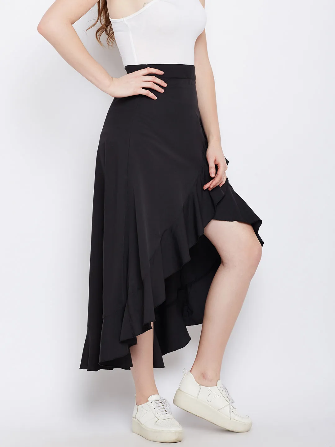 Berrylush Women Solid Black Waist Tie-Up Ruffled High-Low Wrap Maxi Skirt