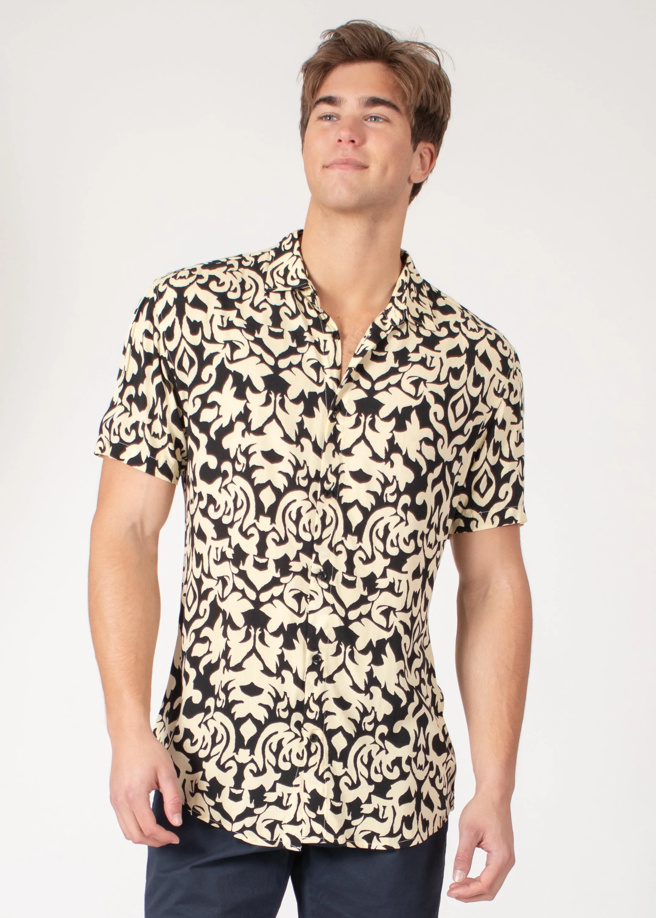 Black Abstract Button Up Short Sleeve Dress Shirt