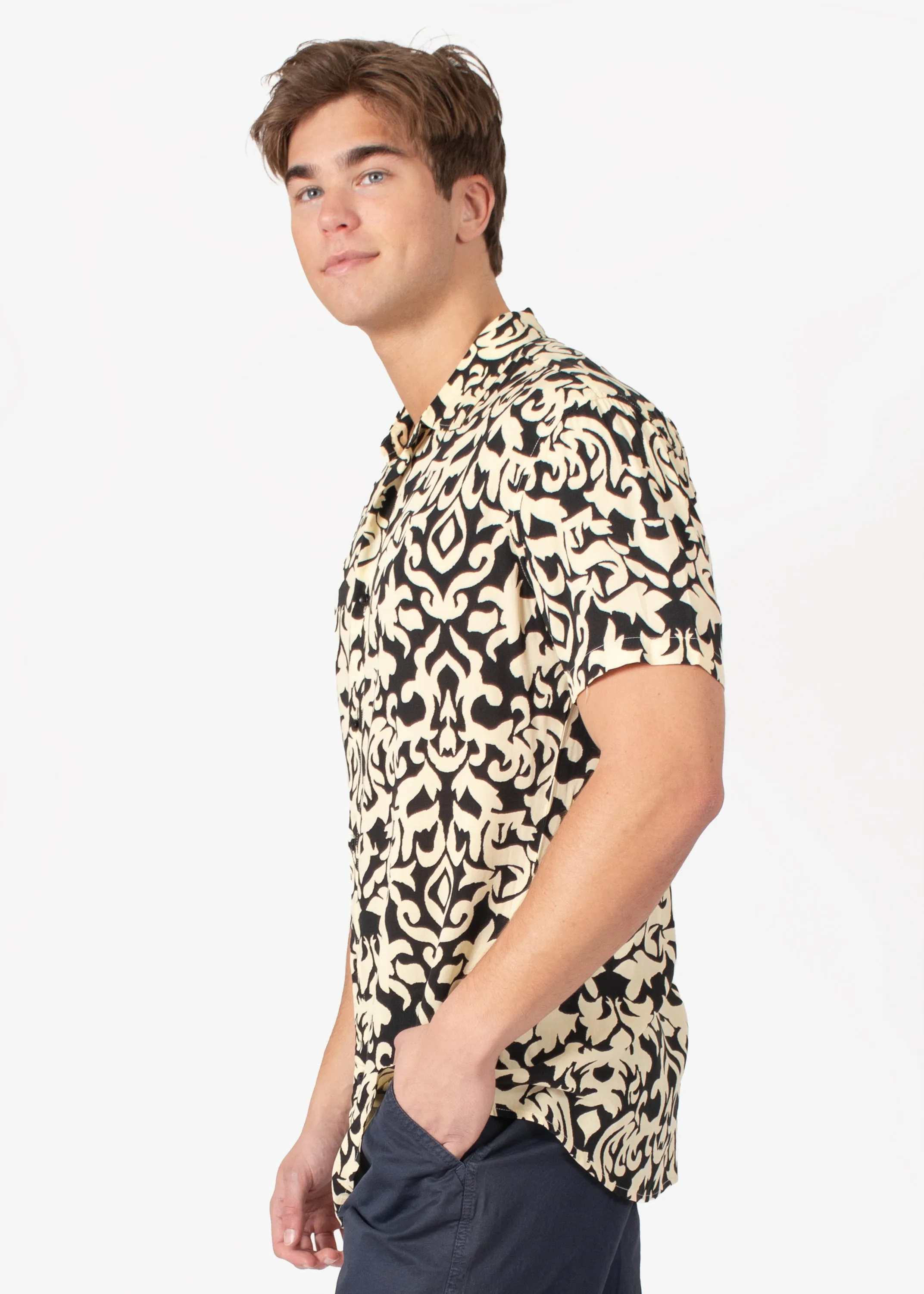 Black Abstract Button Up Short Sleeve Dress Shirt