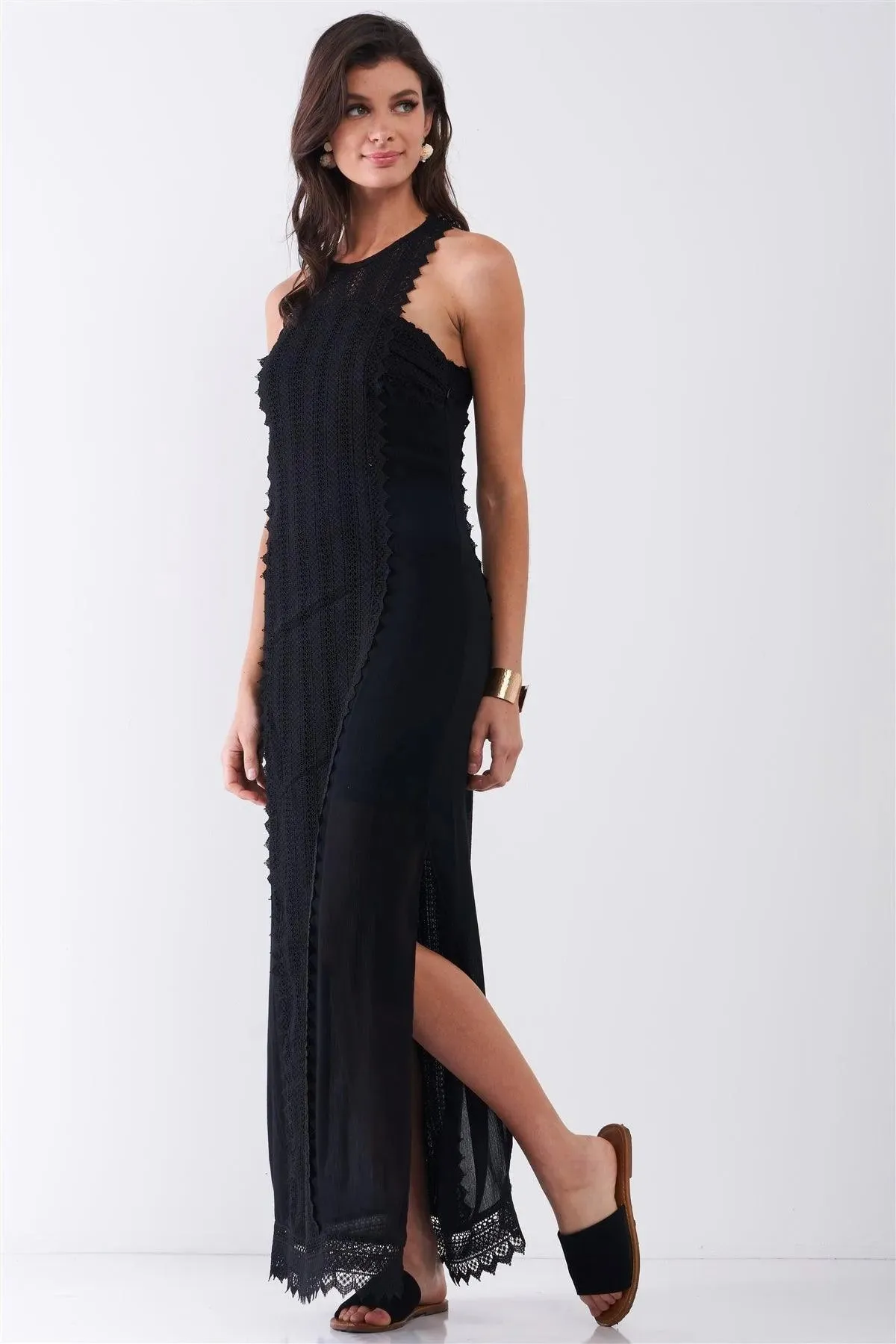 Black Boho Chic Crochet Embroidery Trim Sleeveless Round Neck Slit Detail Straight Maxi Dress /2-2-2