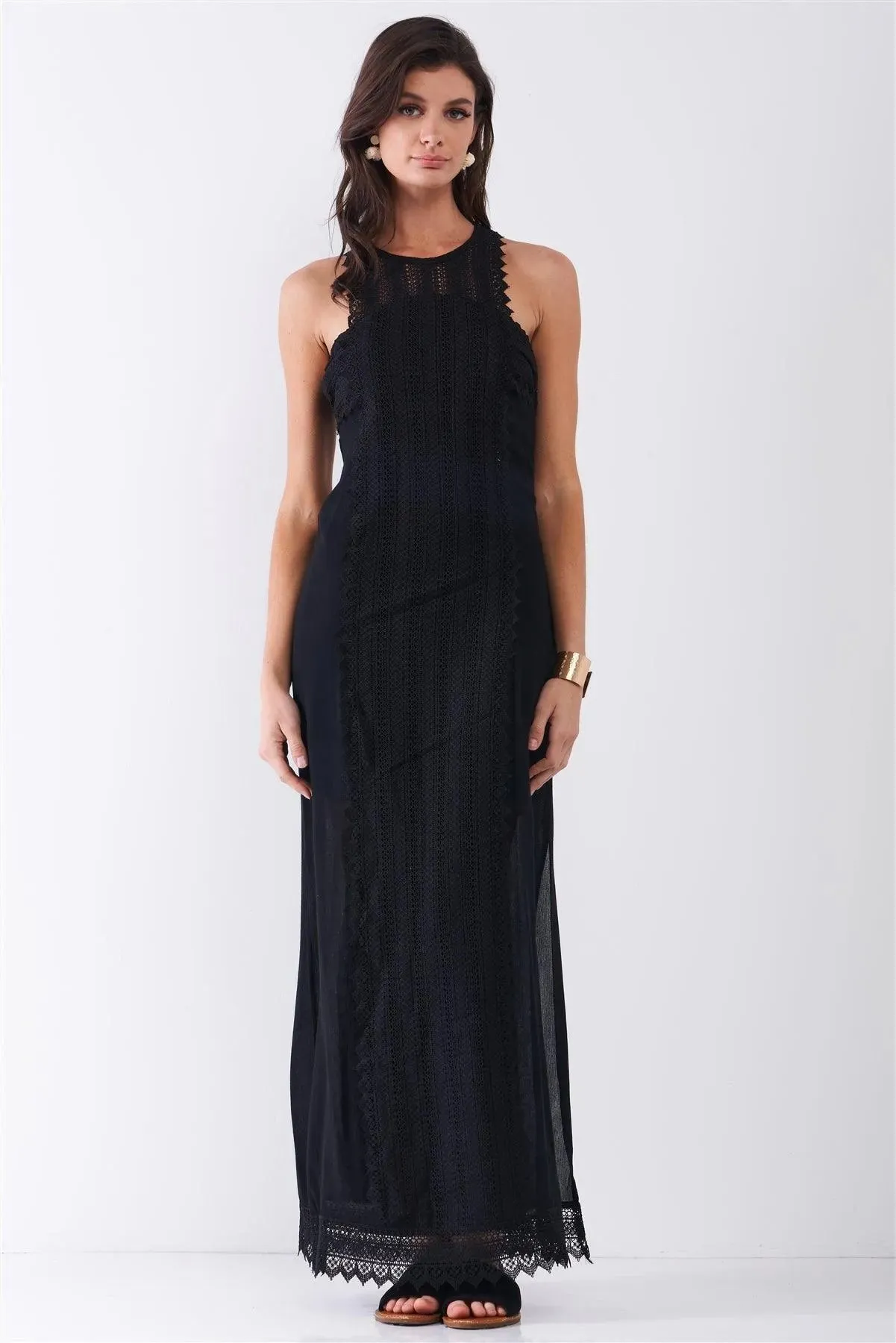 Black Boho Chic Crochet Embroidery Trim Sleeveless Round Neck Slit Detail Straight Maxi Dress /2-2-2