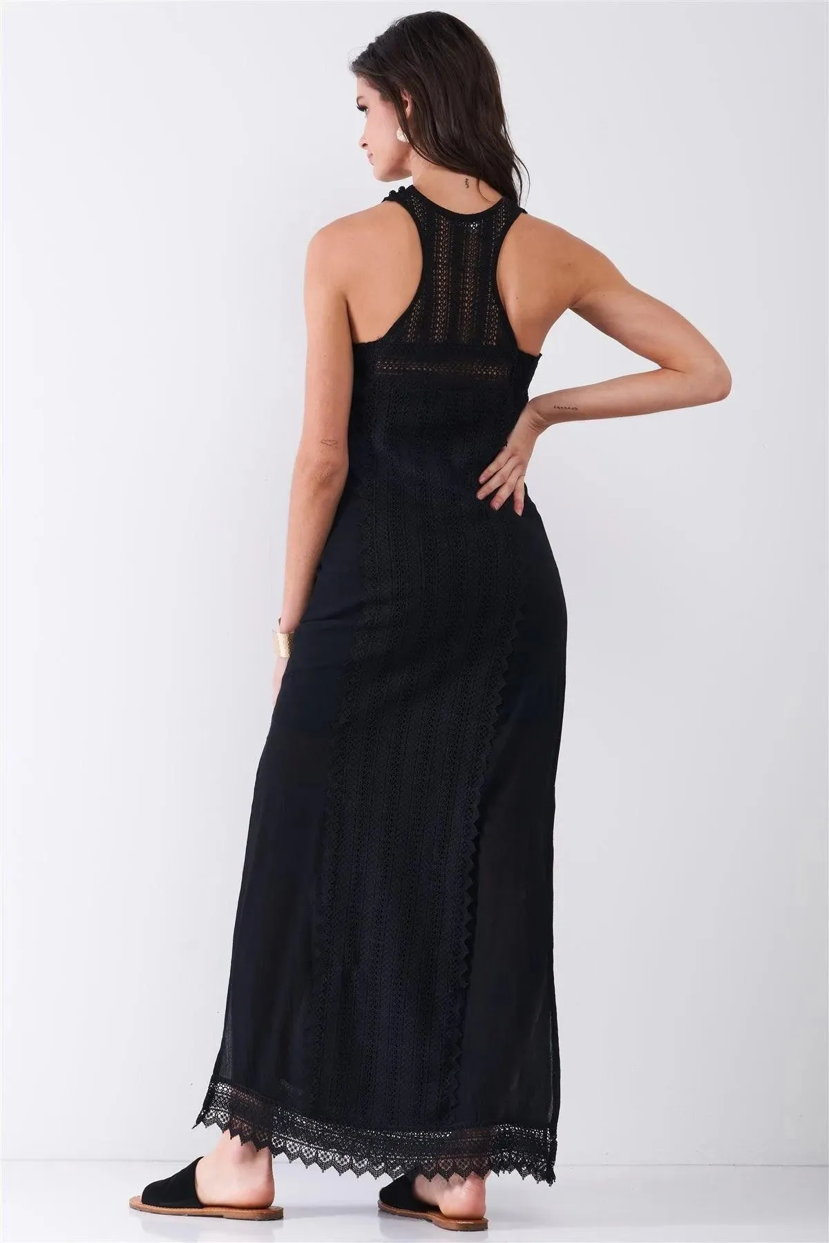 Black Boho Chic Crochet Embroidery Trim Sleeveless Round Neck Slit Detail Straight Maxi Dress /2-2-2