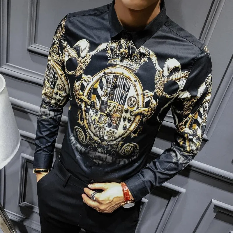 Black Gold Print Baroque Slim Fit Long Sleeve Shirt