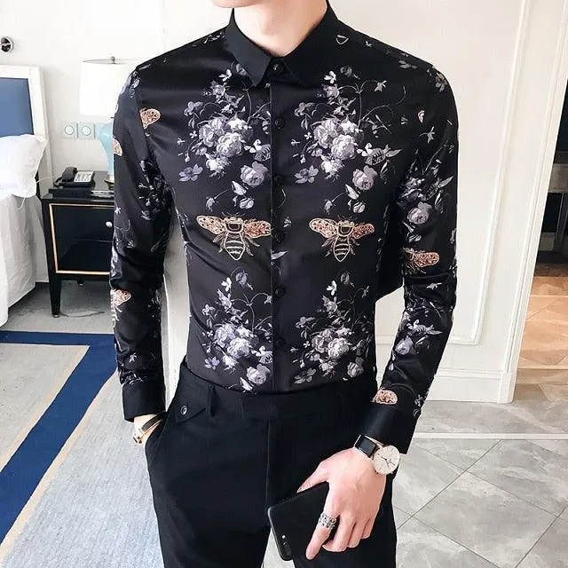 Black Gold Print Baroque Slim Fit Long Sleeve Shirt