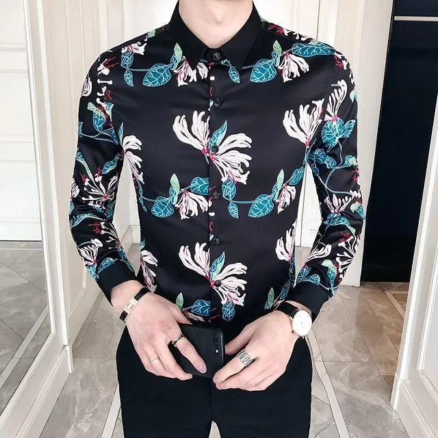 Black Gold Print Baroque Slim Fit Long Sleeve Shirt