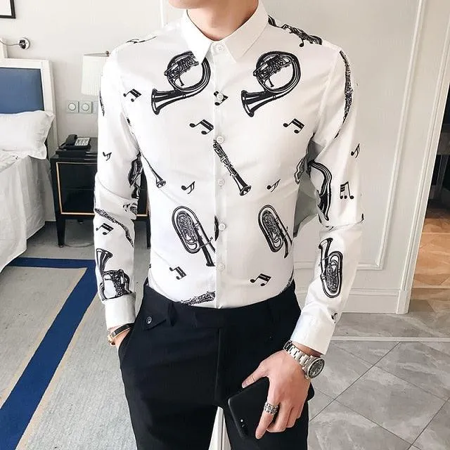 Black Gold Print Baroque Slim Fit Long Sleeve Shirt