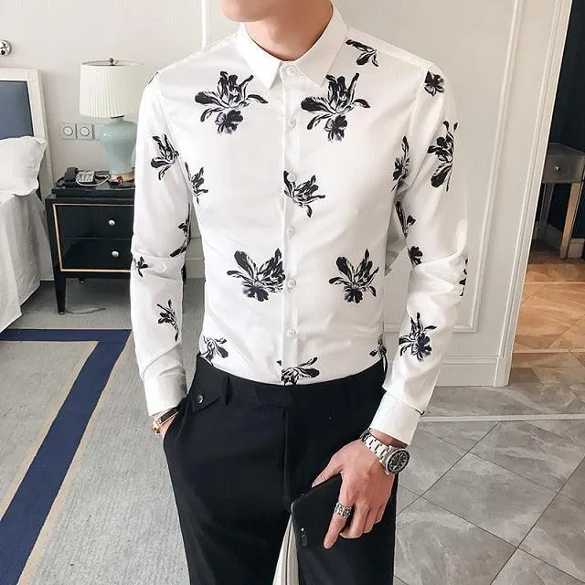 Black Gold Print Baroque Slim Fit Long Sleeve Shirt