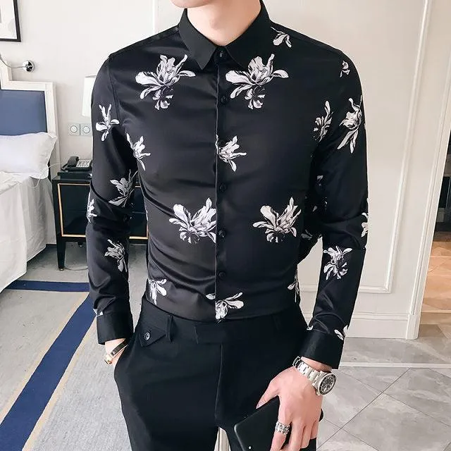 Black Gold Print Baroque Slim Fit Long Sleeve Shirt