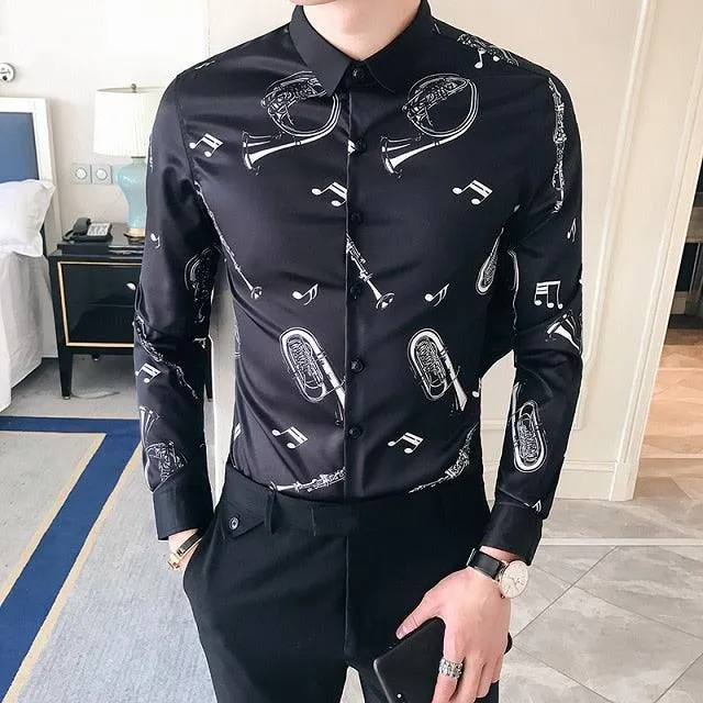 Black Gold Print Baroque Slim Fit Long Sleeve Shirt