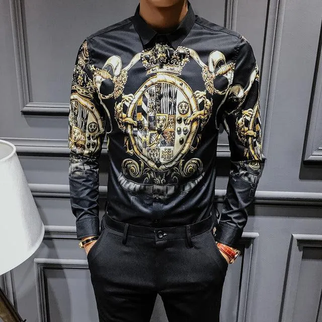 Black Gold Print Baroque Slim Fit Long Sleeve Shirt