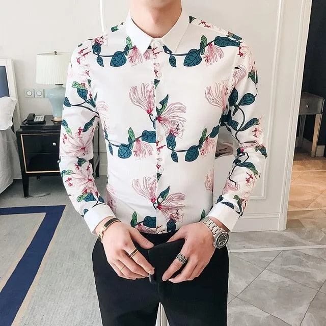 Black Gold Print Baroque Slim Fit Long Sleeve Shirt