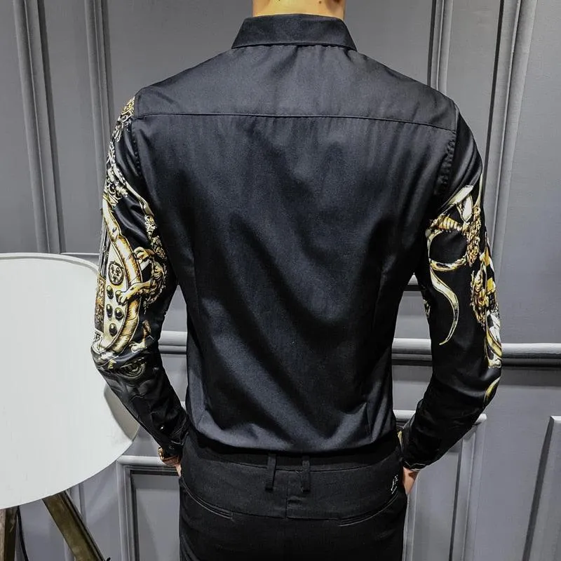 Black Gold Print Baroque Slim Fit Long Sleeve Shirt