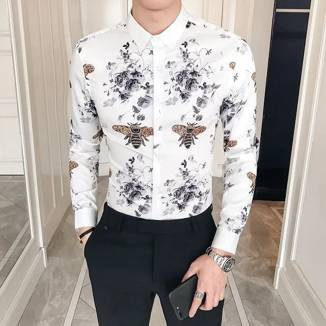 Black Gold Print Baroque Slim Fit Long Sleeve Shirt