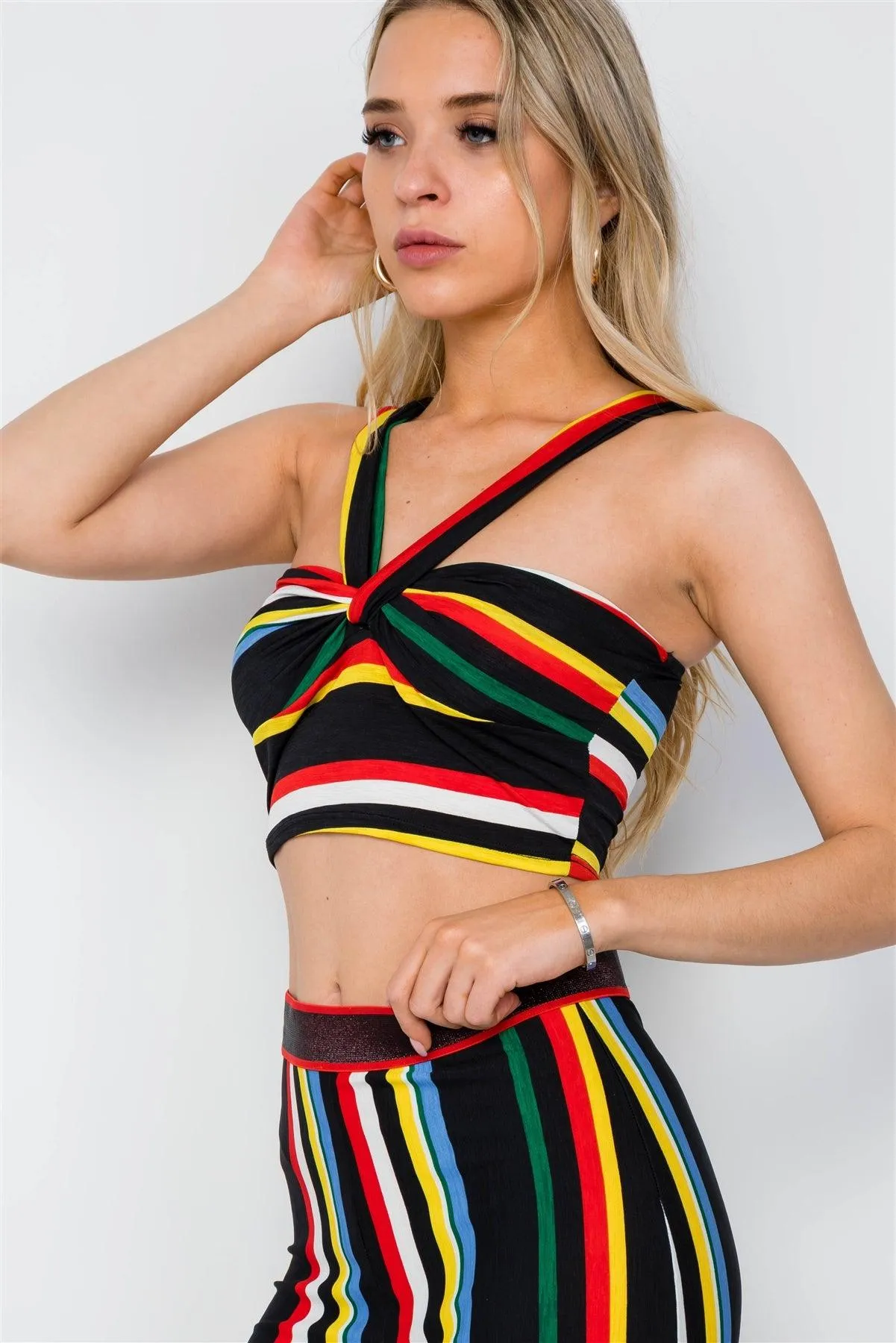 Black Multi Color Stripe Sexy Crop Top /2-2-2