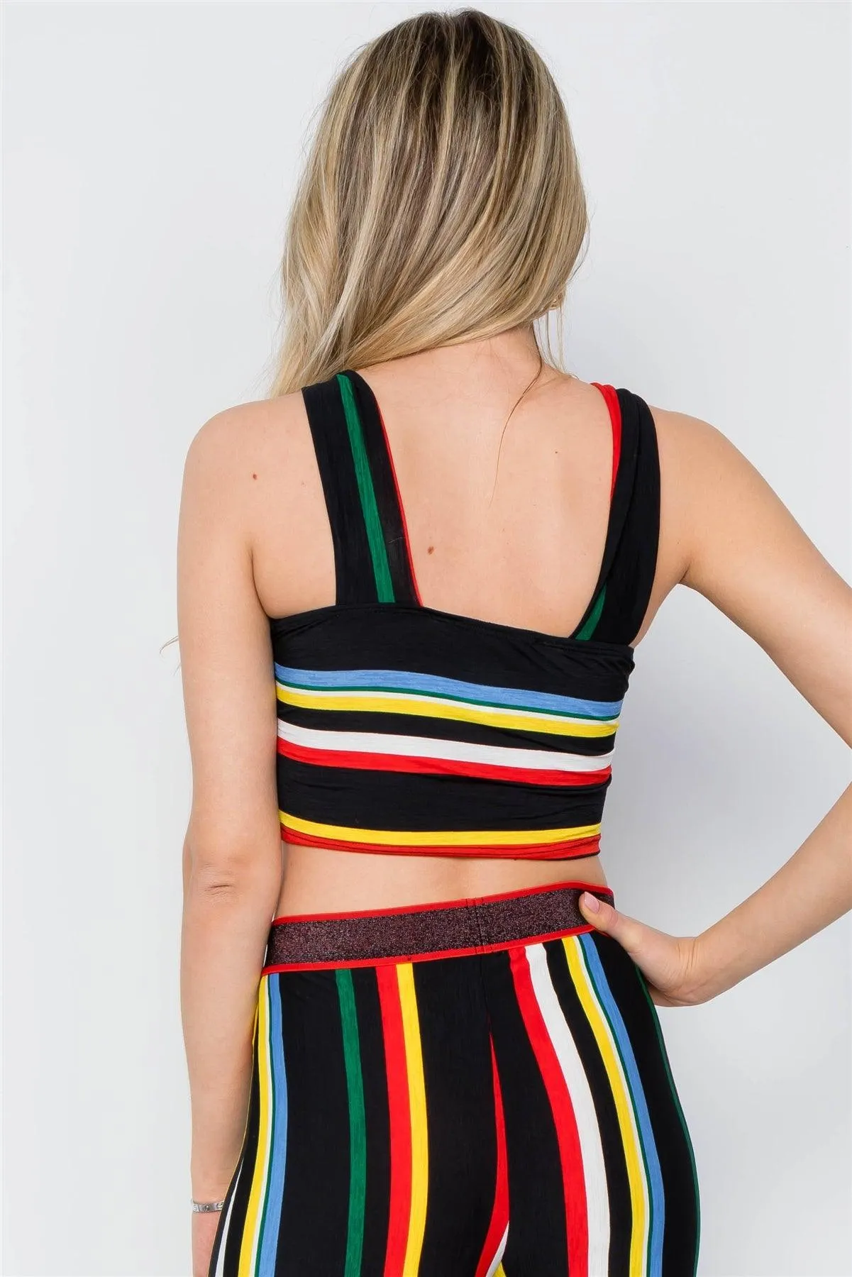 Black Multi Color Stripe Sexy Crop Top /2-2-2