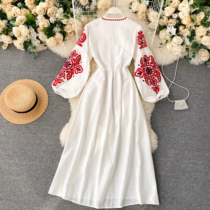 Bohemian Embroidered Flower O-Neck Lantern Sleeve High Waist Dress,