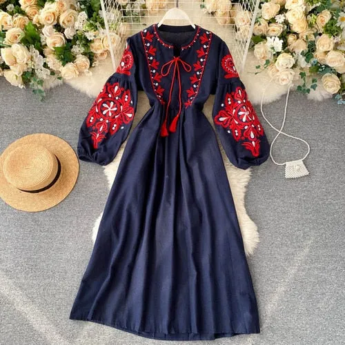 Bohemian Embroidered Flower O-Neck Lantern Sleeve High Waist Dress,