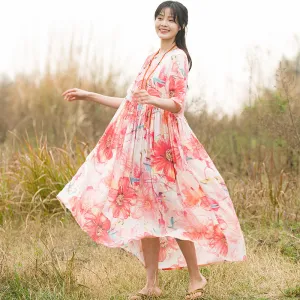 Bohemian Orange Floral half-sleeved Dress for Women