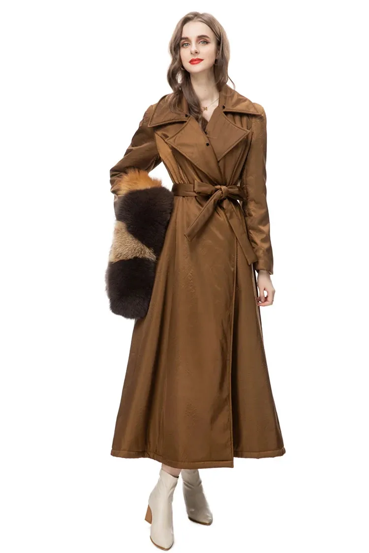 Brown Velvet Women Lapel Trench Coat