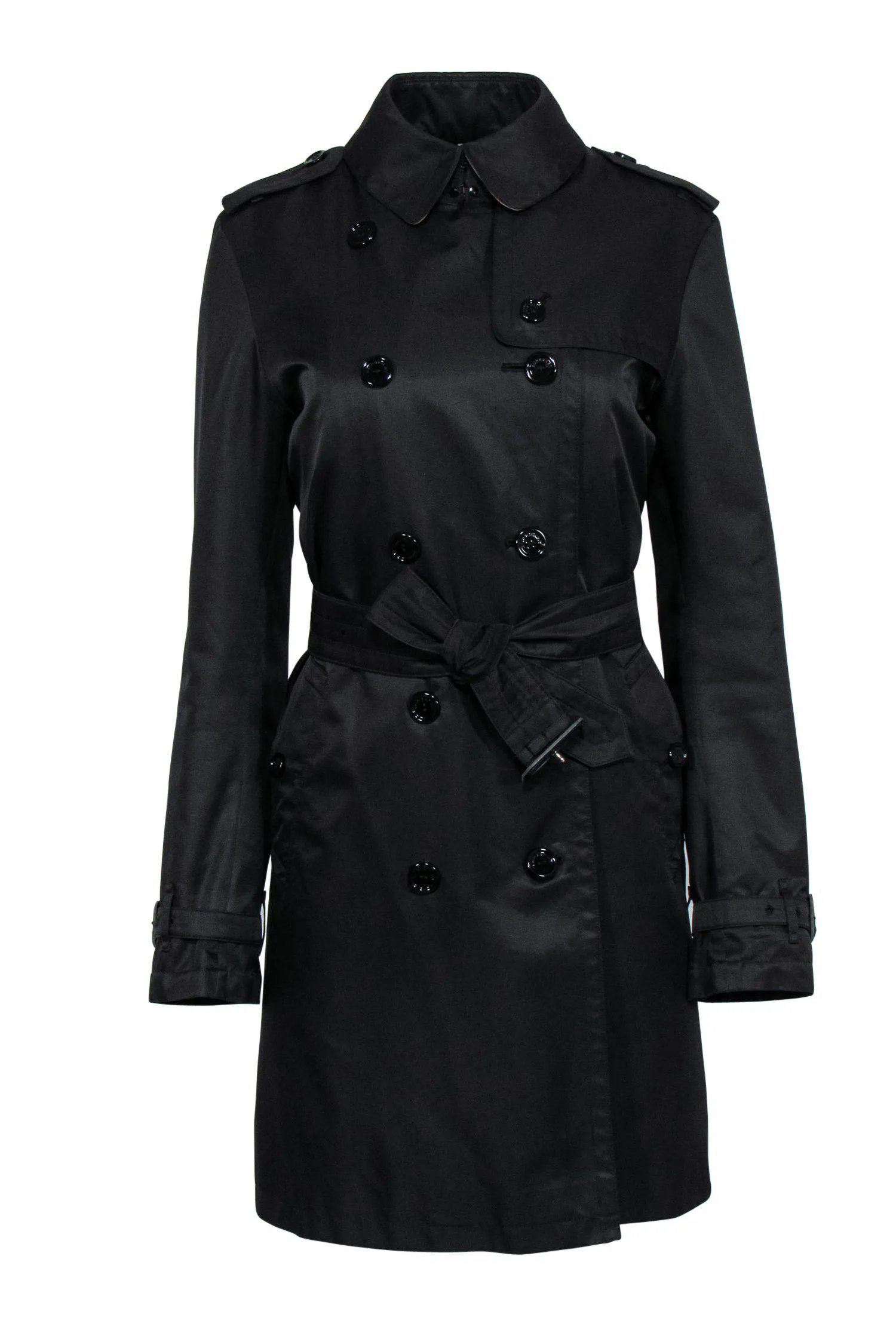 Burberry - Black Double Breasted Belted Trench Coat w/ Removable Lining Sz 8