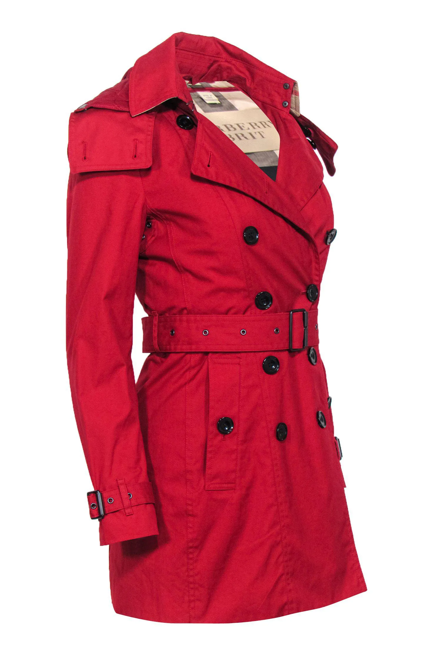 Burberry Brit - Red Double Breasted Hooded Trench Coat w/ Removable Lining Sz 2