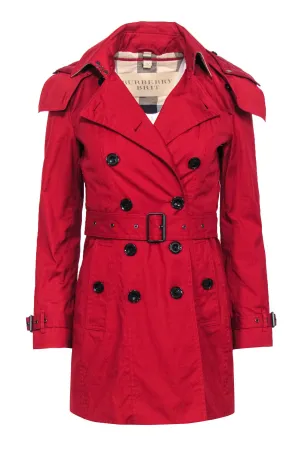 Burberry Brit - Red Double Breasted Hooded Trench Coat w/ Removable Lining Sz 2