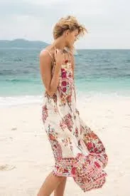 Cami Top "Hotel Paradiso" Boho Maxi Dress Pink Print Long Flowing Beach Paradise Gown Sizes Small Medium Or Large