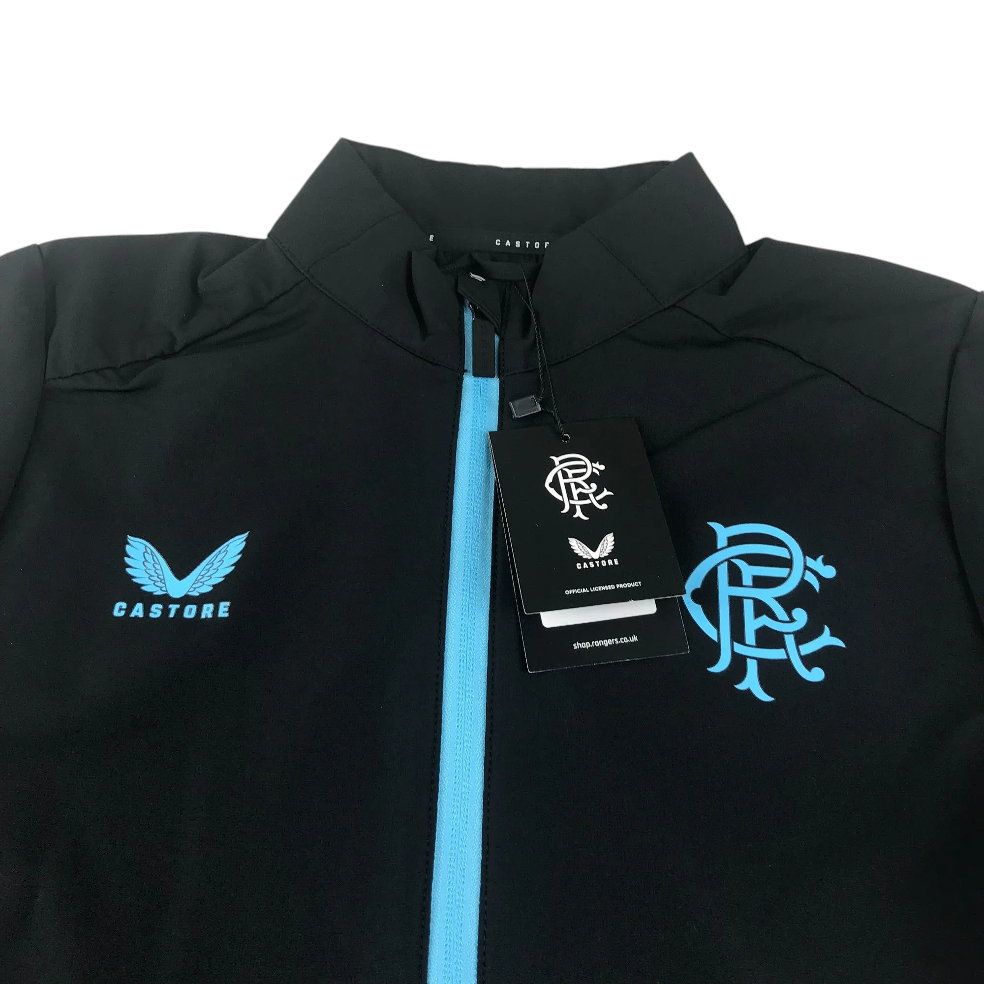 Castore Rangers FC players travel jacket women size UK 12 black and blue fill zipper windbreaker