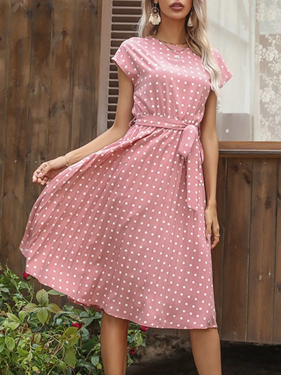 Casual Polka Dot Dress, Pleated, Short Sleeve, Midi Length