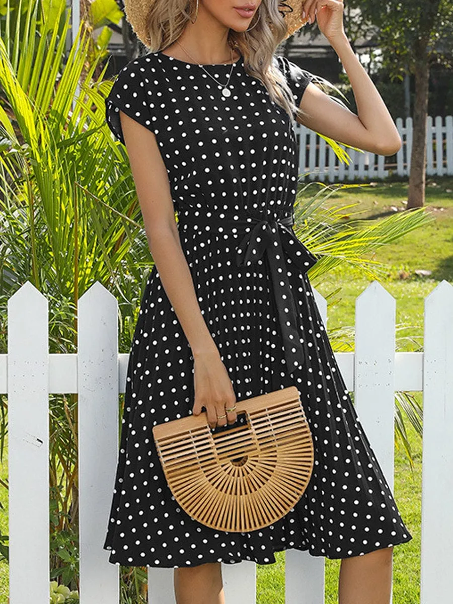 Casual Polka Dot Dress, Pleated, Short Sleeve, Midi Length