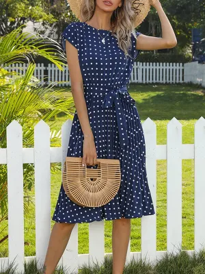 Casual Polka Dot Dress, Pleated, Short Sleeve, Midi Length