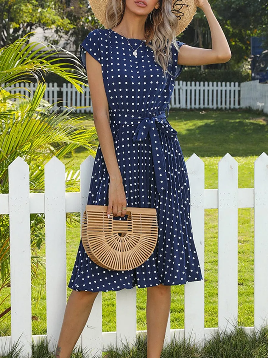 Casual Polka Dot Dress, Pleated, Short Sleeve, Midi Length