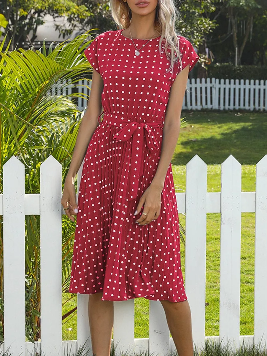 Casual Polka Dot Dress, Pleated, Short Sleeve, Midi Length