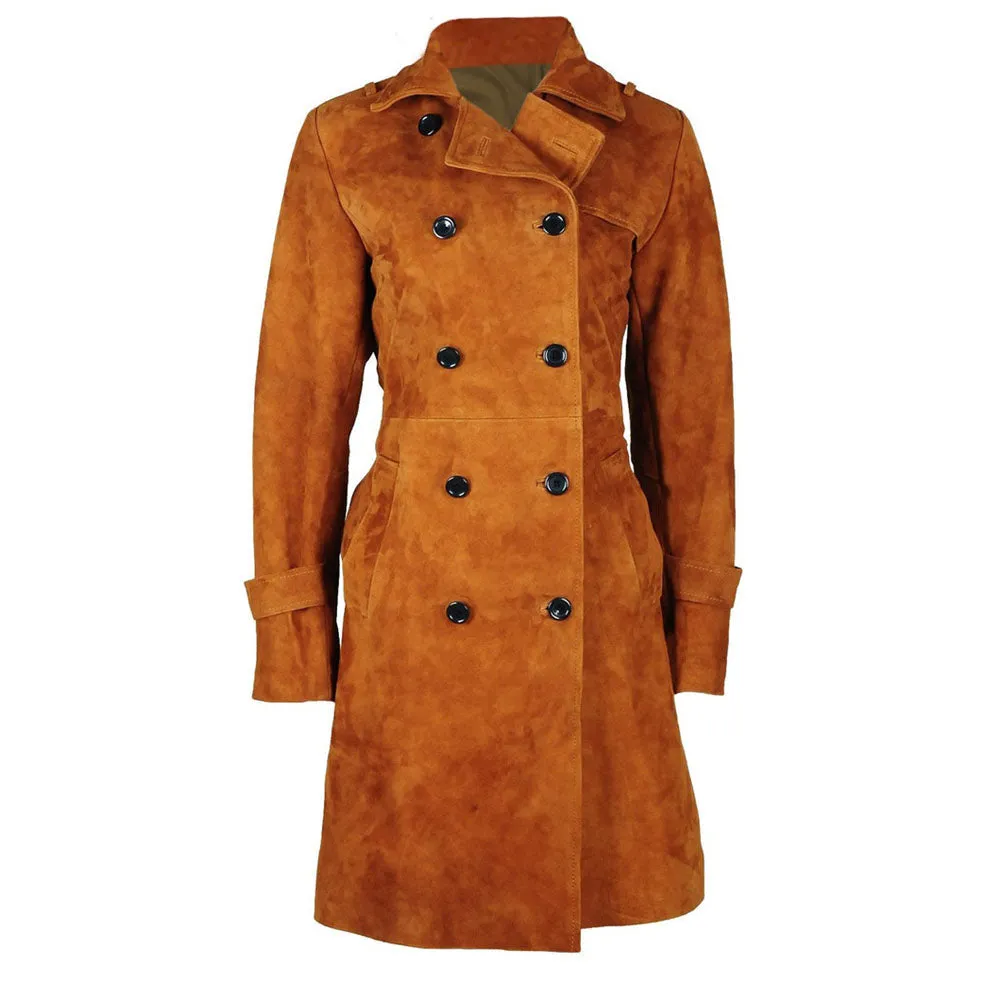 Classic Double Breasted Trench Coat Genuine Tan Long Leather Jacket Womens