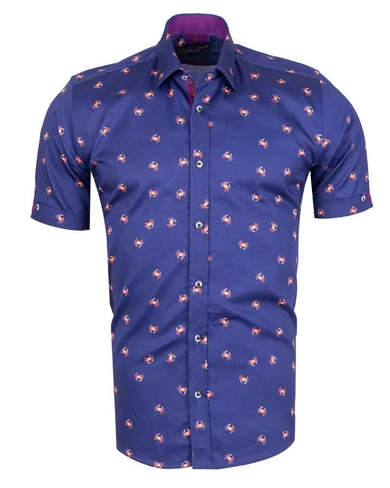 Dark Blue Crab Print Short Sleeve Shirt