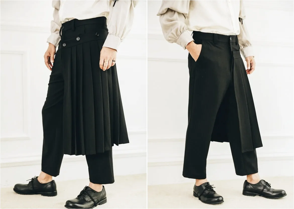 Detachable Wrap Skirt Layer Suit Pants / Pleated Skirt