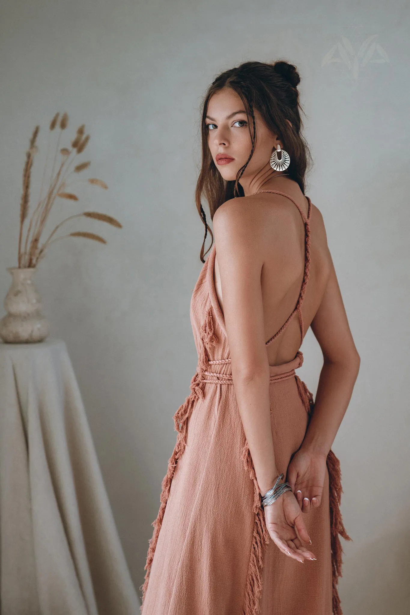 Dusty Rose Organic Boho Dress with Hand Loomed Tassels