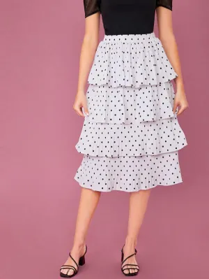 Elastic Waist Tiered Ruffle Polka Dot Midi Skirt