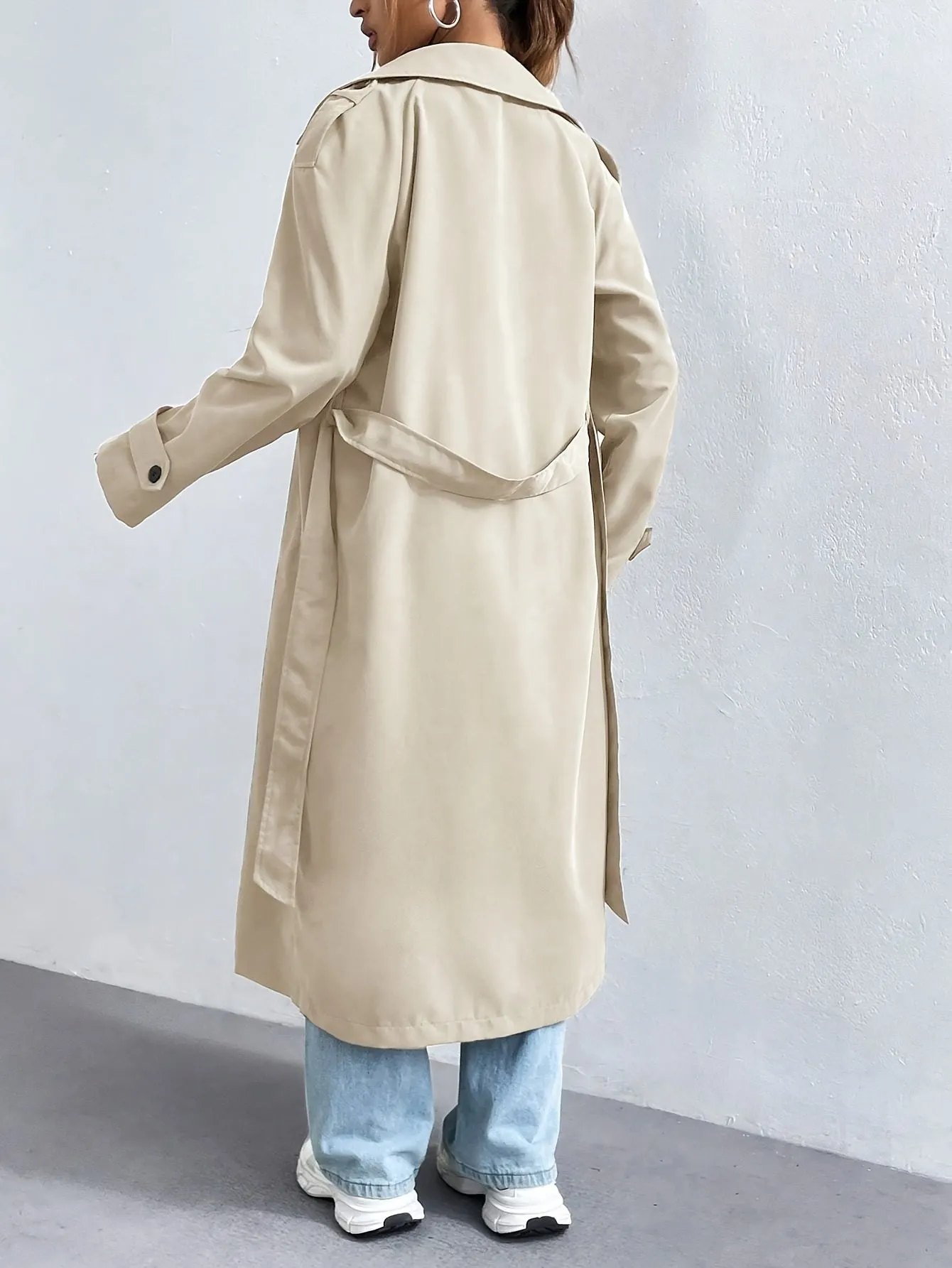 Elegant Solid Color Trench Coat with Belted Long Sleeves for Women | Ideal for Autumn