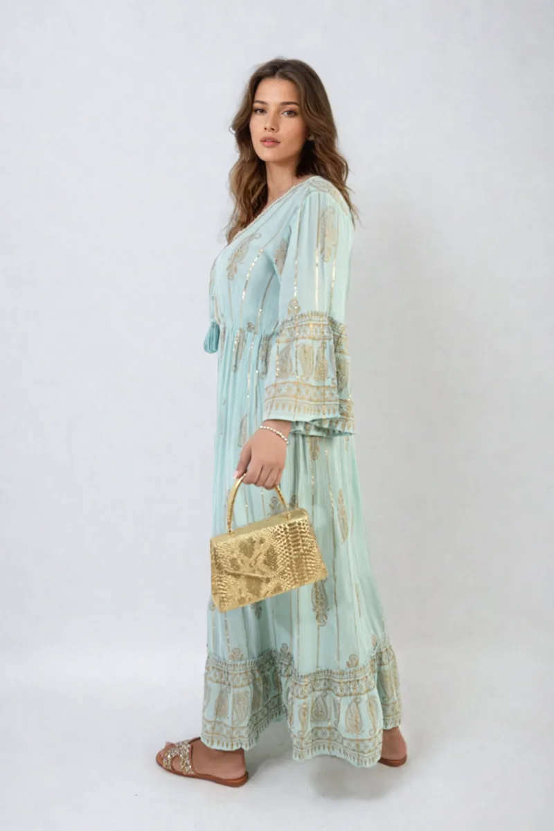 Embellished Boho Flounce Sleeve Maxi Dress