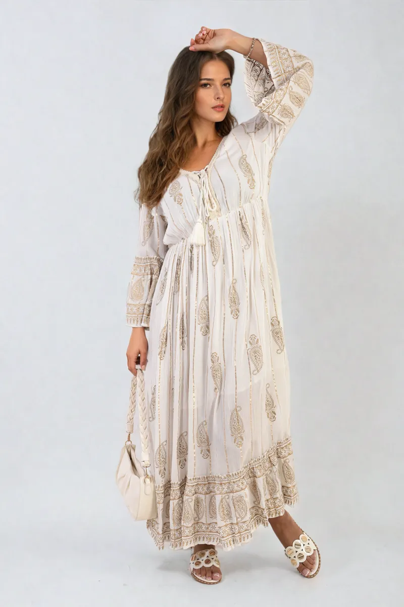 Embellished Boho Flounce Sleeve Maxi Dress