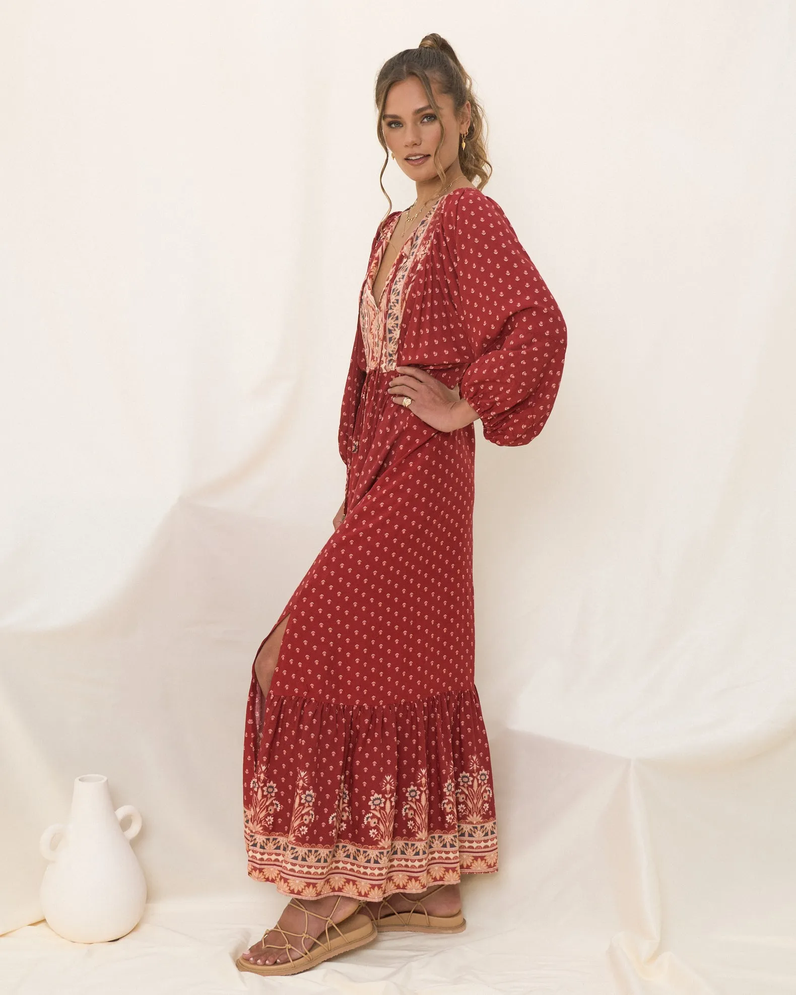 Ember Red Boho Button Down Maxi Dress