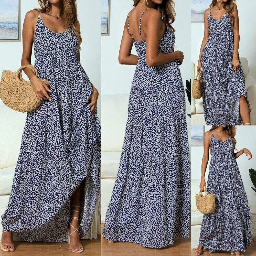 FashionSierra - Summer Women's Bohemian Floral Sling V-neck Dress Fashion Ladies Sleeveless Holiday Maxi Dress Sundress