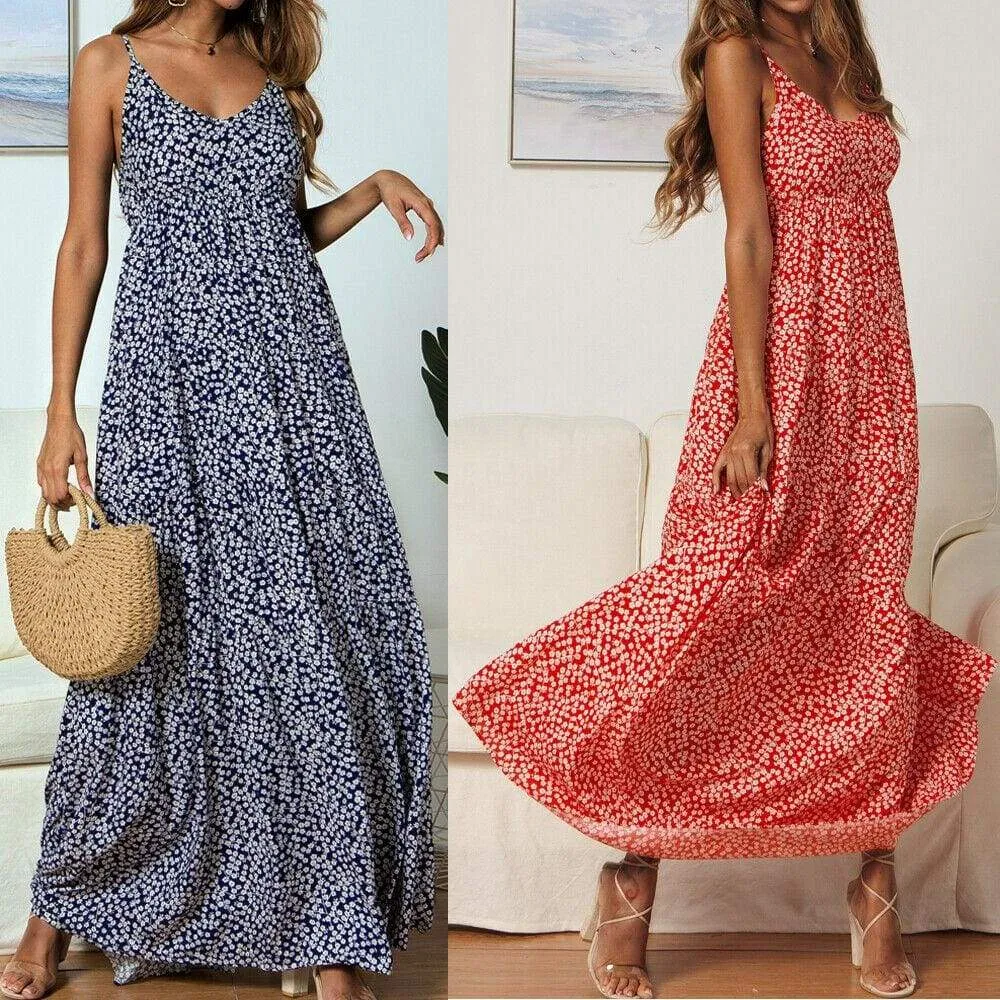 FashionSierra - Summer Women's Bohemian Floral Sling V-neck Dress Fashion Ladies Sleeveless Holiday Maxi Dress Sundress