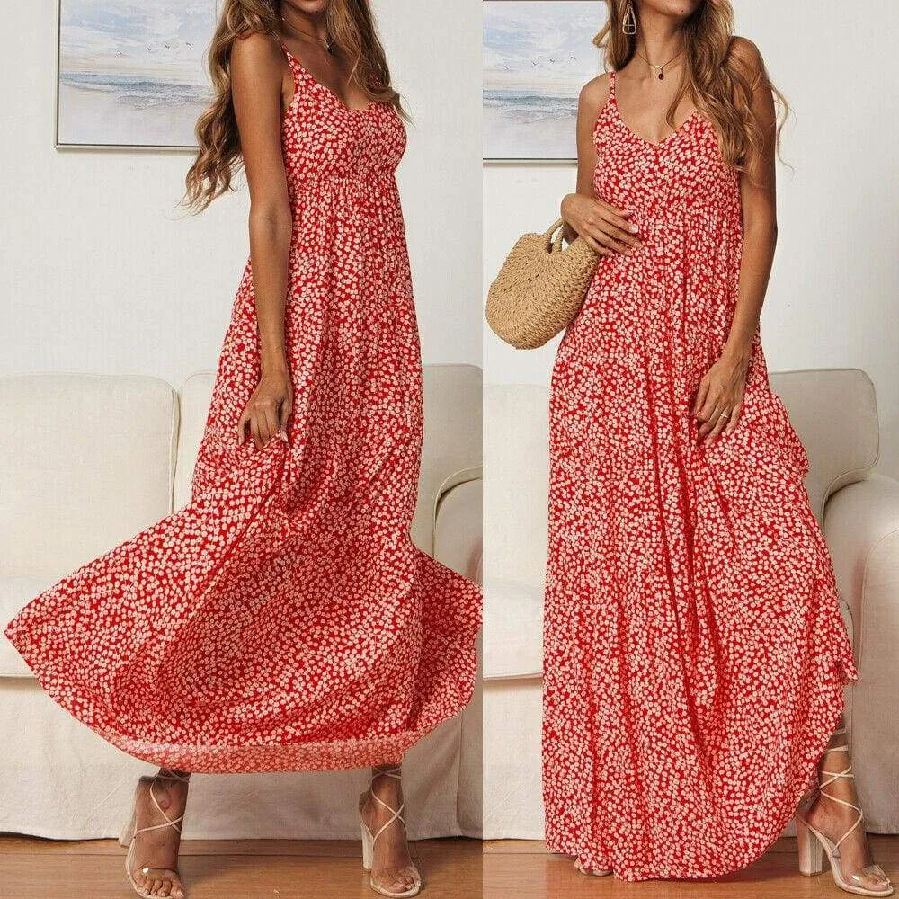 FashionSierra - Summer Women's Bohemian Floral Sling V-neck Dress Fashion Ladies Sleeveless Holiday Maxi Dress Sundress